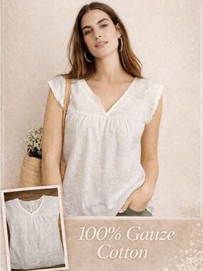 prAna White Embroidered Boho Blouse Size L Cotton Gauze Top Cottagecore Peasant